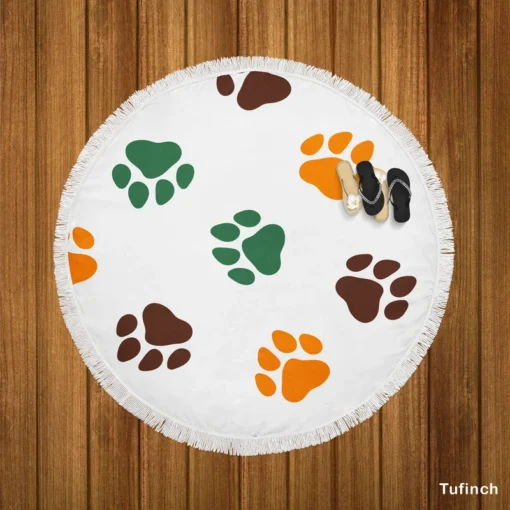 Green Brown Orange Dog Paw Prints Round Beach Towel