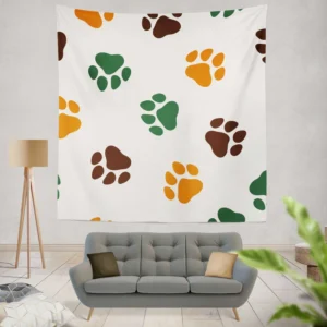 Green Brown Orange Dog Paw Prints Wall Tapestry