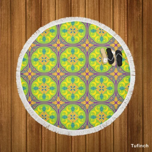 Green Circle Ethnic Pattern Round Beach Towel