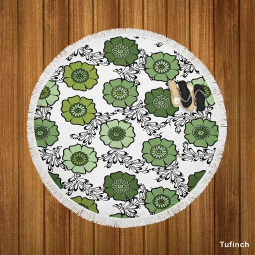 Green Flowers Pattern Round Beach Towel