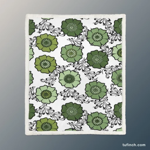 Green Flowers Pattern Sherpa Fleece Blanket 1