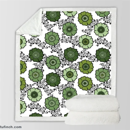 Green Flowers Pattern Sherpa Fleece Blanket