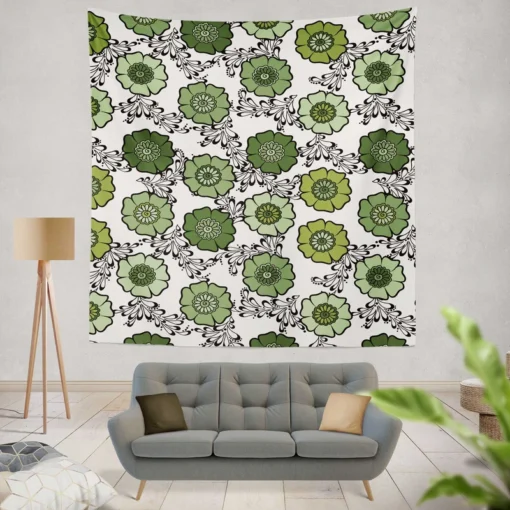 Green Flowers Pattern Wall Tapestry