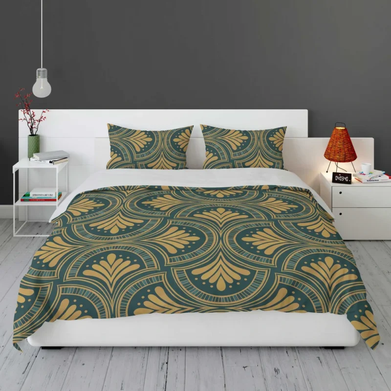 Green Gold Deco Damask Pattern Bedding Set 1