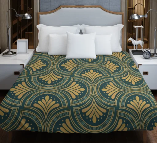 Green Gold Deco Damask Pattern Duvet Cover