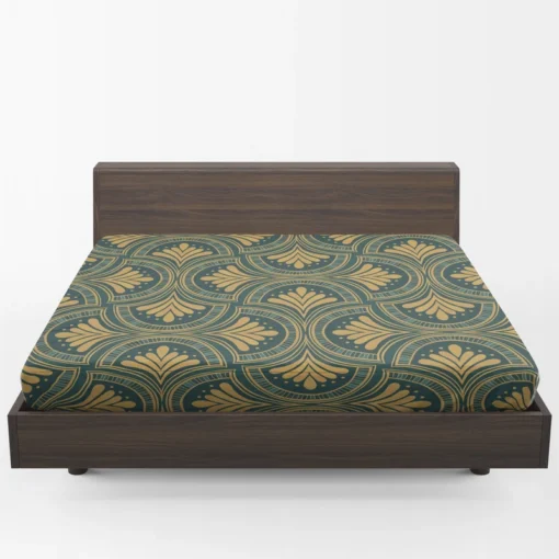 Green Gold Deco Damask Pattern Fitted Sheet 1