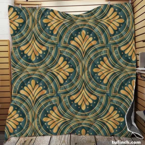 Green Gold Deco Damask Pattern Quilt Blanket