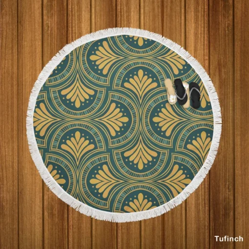 Green Gold Deco Damask Pattern Round Beach Towel