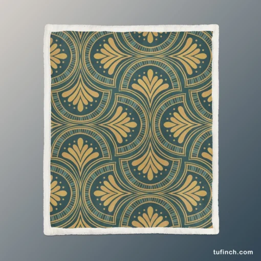 Green Gold Deco Damask Pattern Sherpa Fleece Blanket 1