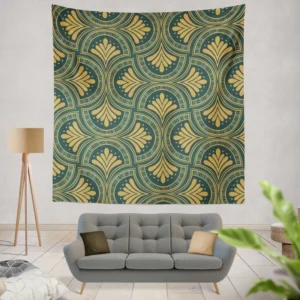 Green Gold Deco Damask Pattern Wall Tapestry