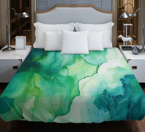 Green Ink Fluid Art Design Duvet Cover