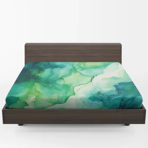 Green Ink Fluid Art Design Fitted Sheet 1