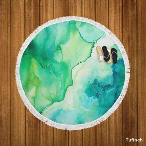 Green Ink Fluid Art Design Round Beach Towel