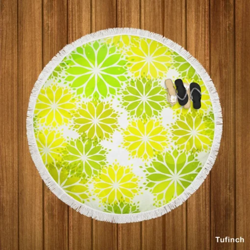 Green Leaves Floral Shape Concept Round Beach Towel