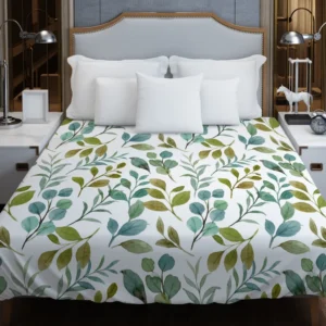 Green Leaves Watercolor Design Duvet Cover