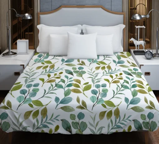 Green Leaves Watercolor Design Duvet Cover