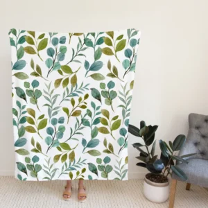 Green Leaves Watercolor Design Fleece Blanket