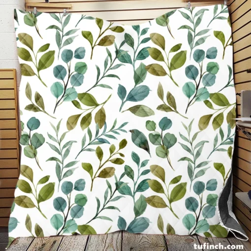 Green Leaves Watercolor Design Quilt Blanket