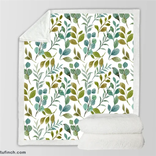 Green Leaves Watercolor Design Sherpa Fleece Blanket