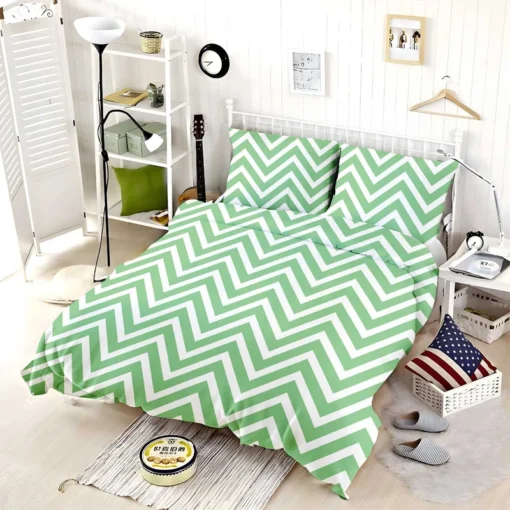 Green Lines Chevron Design Bedding Set