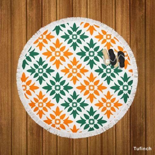 Green Orange Ikat Pattern Round Beach Towel