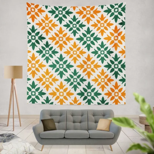 Green Orange Ikat Pattern Wall Tapestry