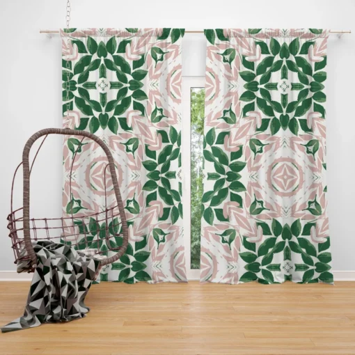 Green Pink Unique Floral Design Curtain