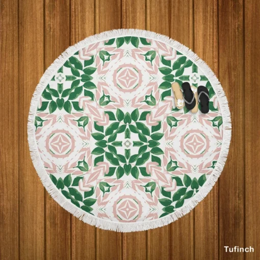 Green Pink Unique Floral Design Round Beach Towel