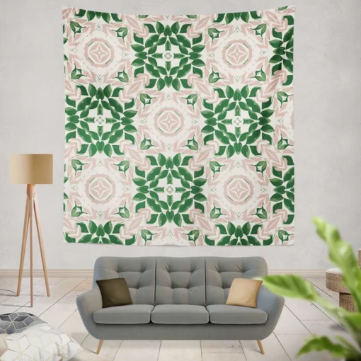 Green Pink Unique Floral Design Wall Tapestry