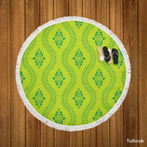 Green Thai Floral Design Round Beach Towel