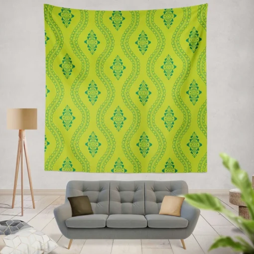 Green Thai Floral Design Wall Tapestry