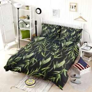 Green Tropical Leaves On Dark Bedding Set