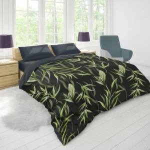 Green Tropical Leaves On Dark Duvet Cover 1