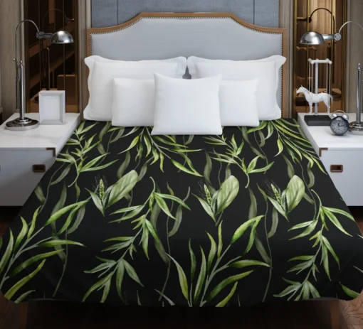 Green Tropical Leaves On Dark Duvet Cover