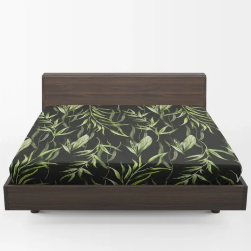 Green Tropical Leaves On Dark Fitted Sheet 1