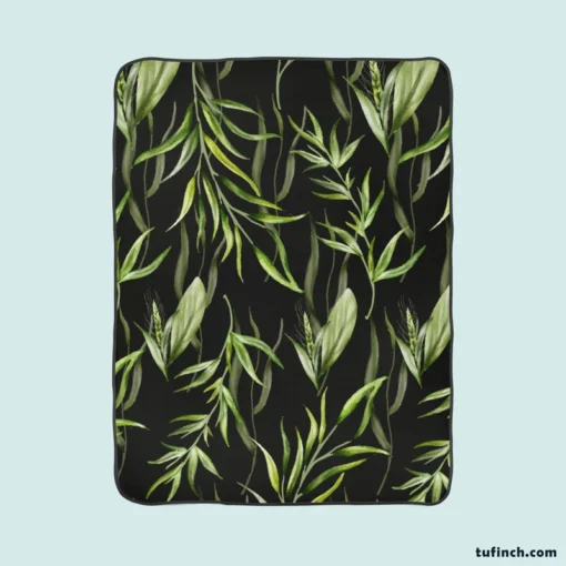 Green Tropical Leaves On Dark Fleece Blanket 1