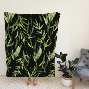 Green Tropical Leaves On Dark Fleece Blanket