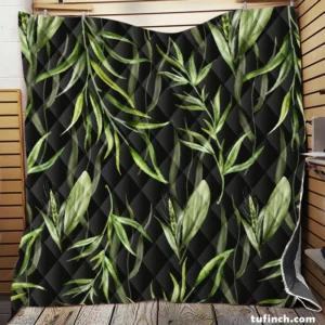 Green Tropical Leaves On Dark Quilt Blanket