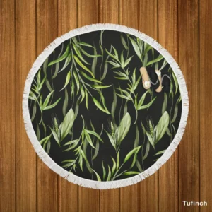 Green Tropical Leaves On Dark Round Beach Towel