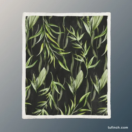 Green Tropical Leaves On Dark Sherpa Fleece Blanket 1