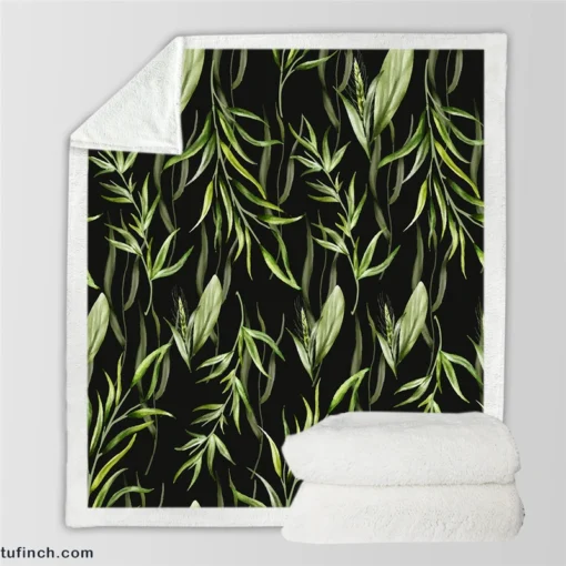 Green Tropical Leaves On Dark Sherpa Fleece Blanket