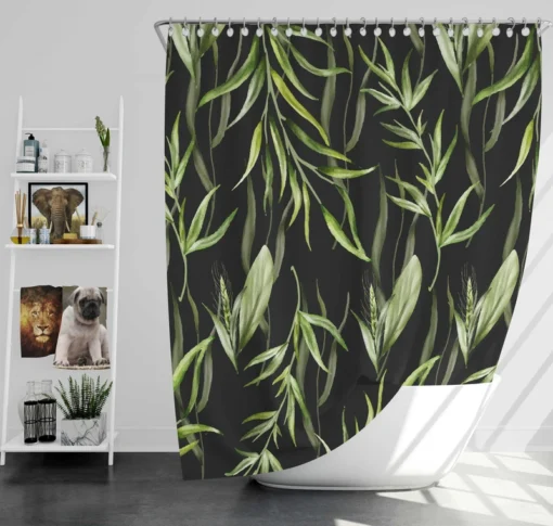 Green Tropical Leaves On Dark Shower Curtain