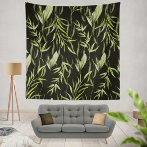 Green Tropical Leaves On Dark Wall Tapestry