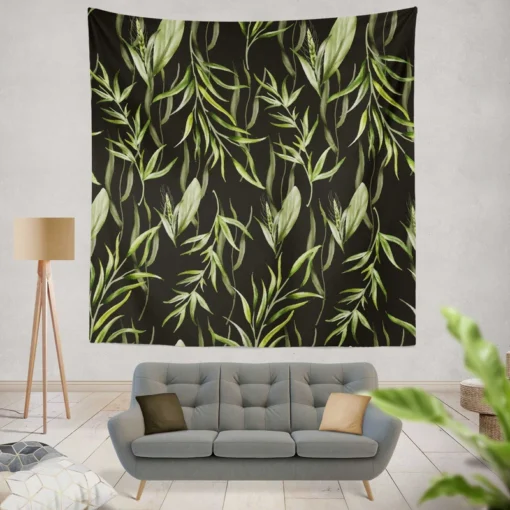 Green Tropical Leaves On Dark Wall Tapestry