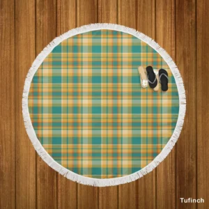 Green Yellow Checkered Stripes Pattern Round Beach Towel