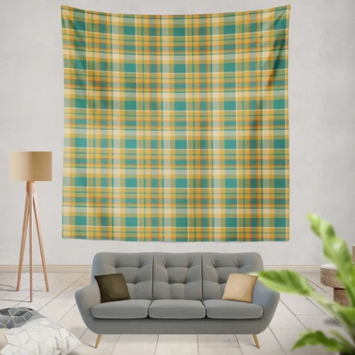 Green Yellow Checkered Stripes Pattern Wall Tapestry