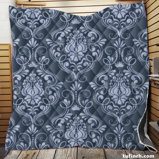 Grey Chateau Damask Smalt Blue Quilt Blanket