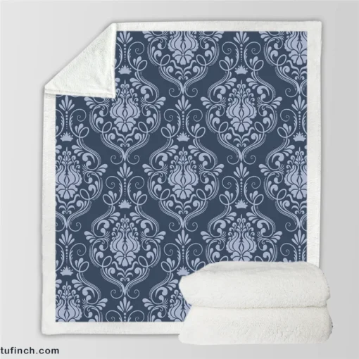 Grey Chateau Damask Smalt Blue Sherpa Fleece Blanket