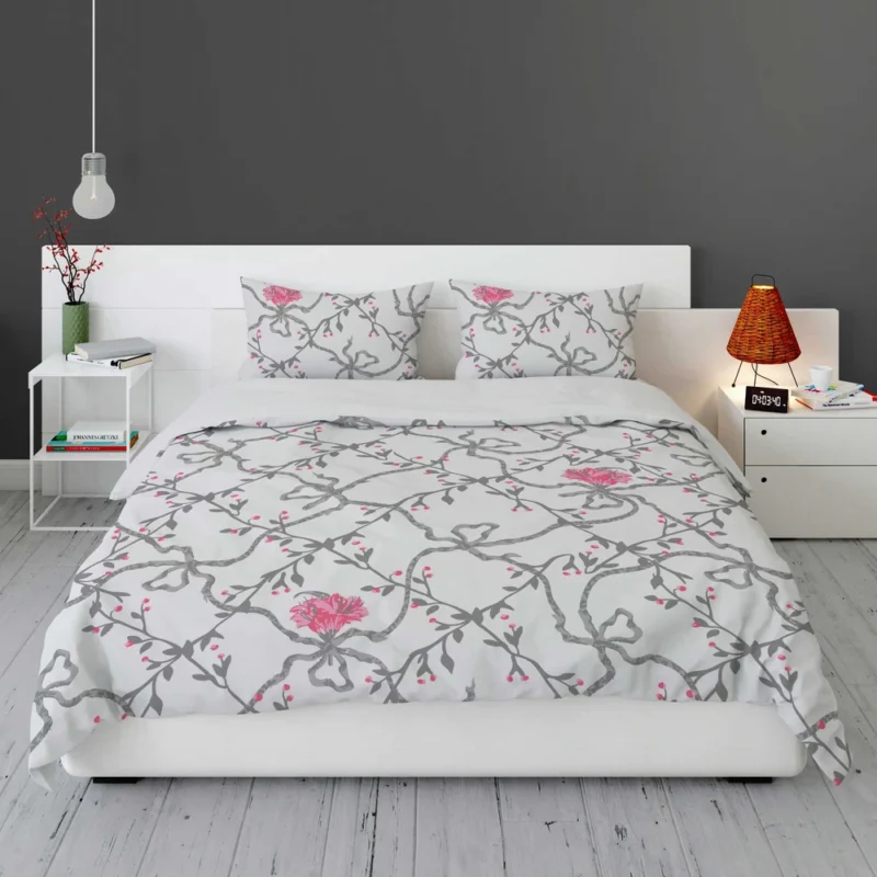 Grey Pattern Pink Flowers Bedding Set 1