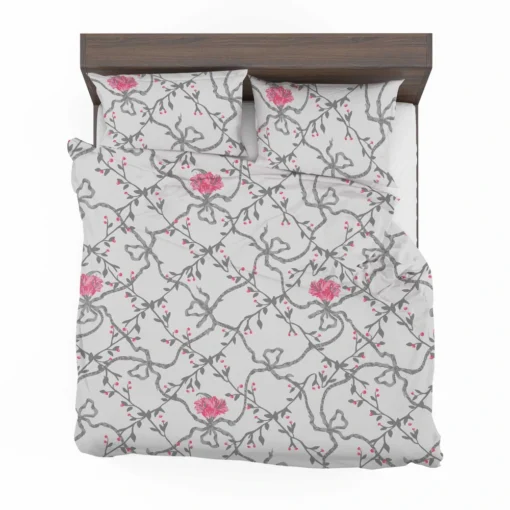 Grey Pattern Pink Flowers Bedding Set 2